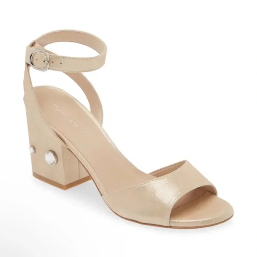 Stuart Weitzman nude shimmer Allshine block heels